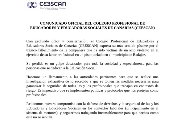 Comunicado de CEESCAN sobre el asesinato de una educadora social en un piso tutelado de Badajoz