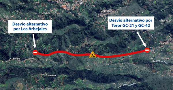 Los malecones de la carretera de El Faro en Teror serán sustituidos por nuevas barreras Mapa de la zona