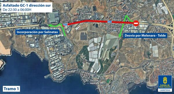 La GC-1 renovará su asfalto entre Melenara y Vecindario con cortes nocturnos durante diez noches Trabajos de asfaltado en la GC-1 entre Melenara y Vecindario durante el horario nocturno