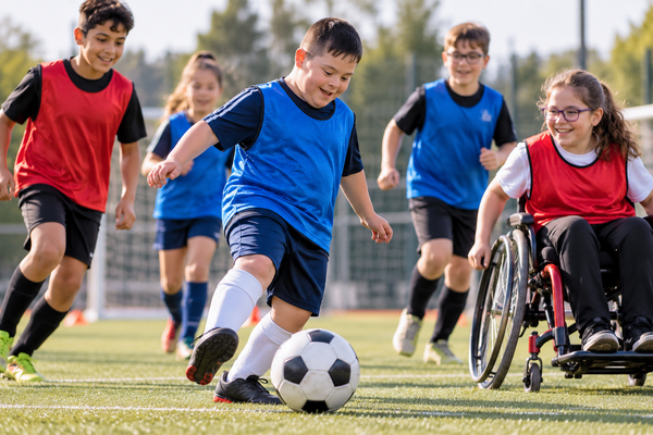 Europa adapta el fútbol para que más niños y jóvenes con discapacidad puedan jugar Fútbol para personas con discapacidad durante un entrenamiento adaptado