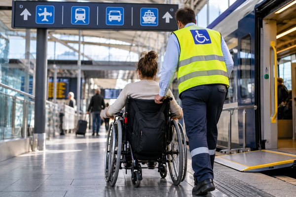 La UE prepara nuevos derechos para las personas con discapacidad que viajen combinando avión, tren, autobús o barco Personas con discapacidad en viajes multimodales durante un transbordo accesible