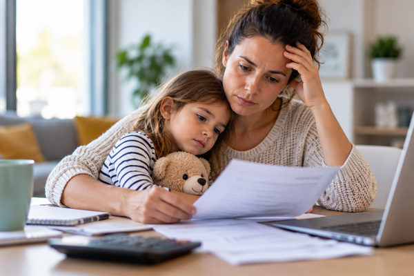 El Estado eleva a 300 euros mensuales la ayuda por pensiones de alimentos impagadas Madre junto a su hija revisando documentos y gastos familiares en casa, imagen ilustrativa de las pensiones de alimentos impagadas y del aumento del anticipo estatal hasta 300 euros mensuales por menor.