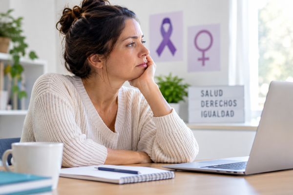 España reconoce nuevas bajas laborales por menopausia y lesiones derivadas de violencia de género Mujer sentada frente a un ordenador en un entorno de trabajo, con símbolos de igualdad y derechos de las mujeres al fondo, para ilustrar las nuevas bajas laborales por menopausia y lesiones derivadas de violencia de género.